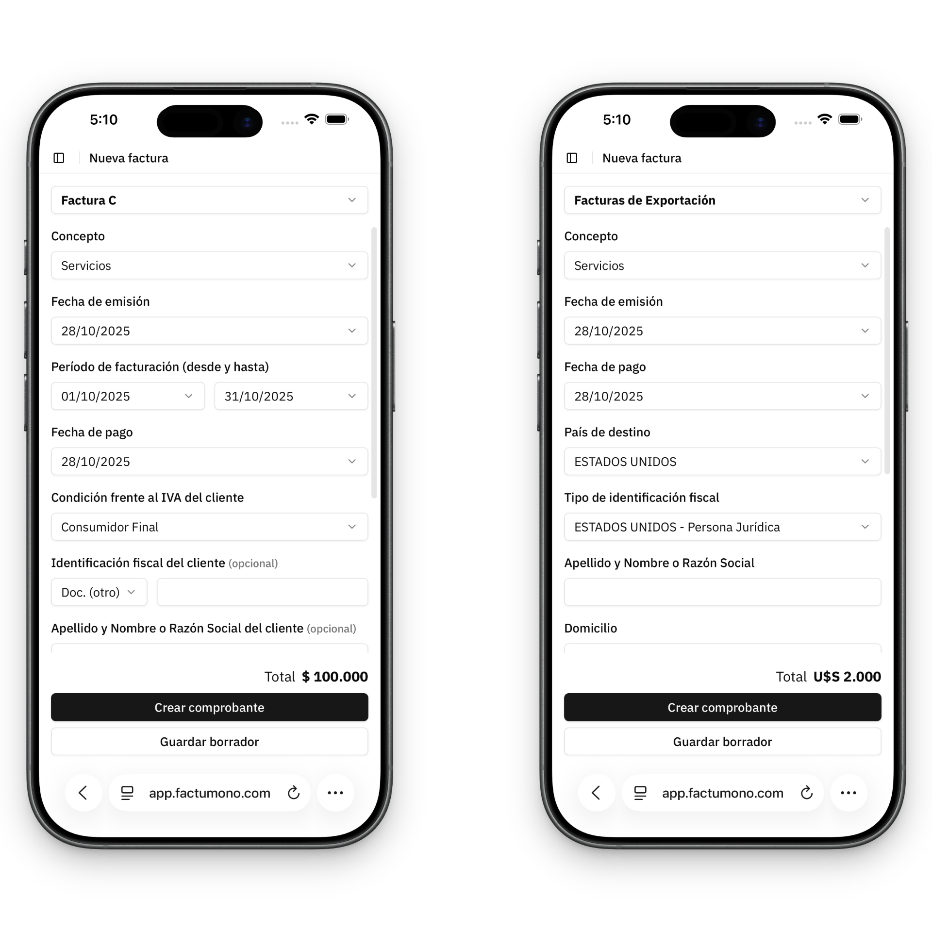 Pantalla para emitir Facturas C y E de servicios