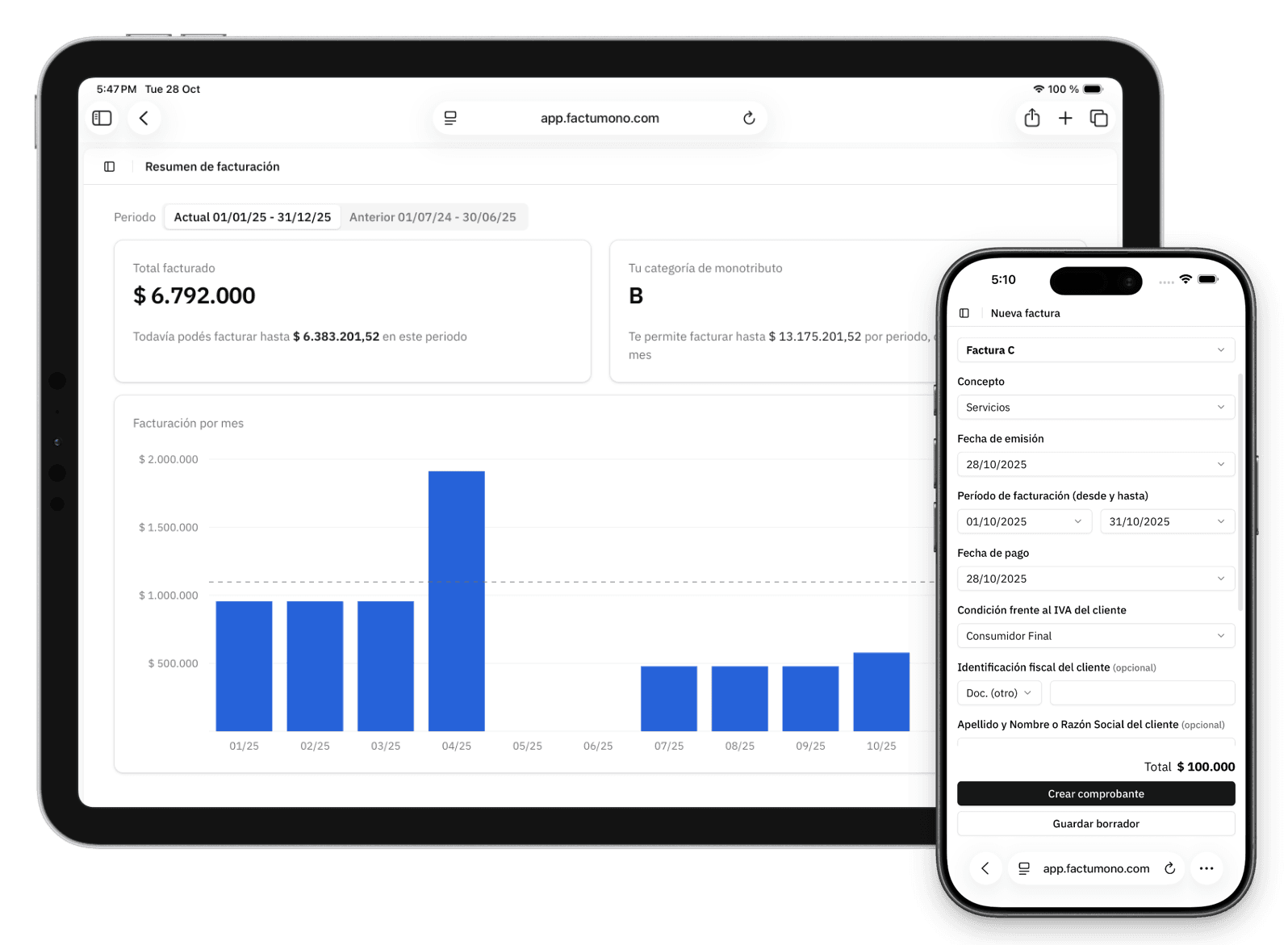 Pantalla de Factumono: crear Facturas de servicios C y E en ARCA