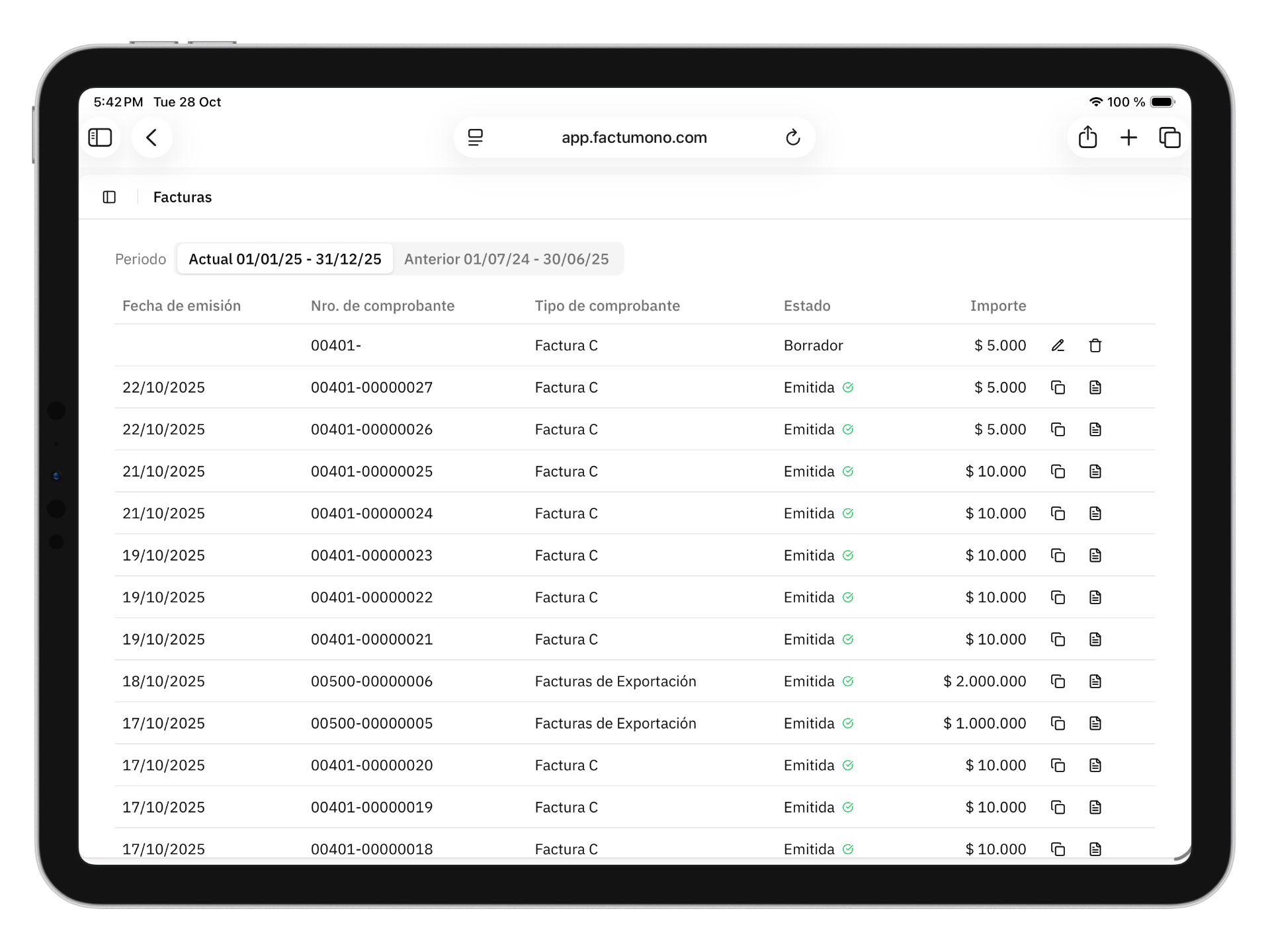 Listado de facturas de ARCA y otros facturadores